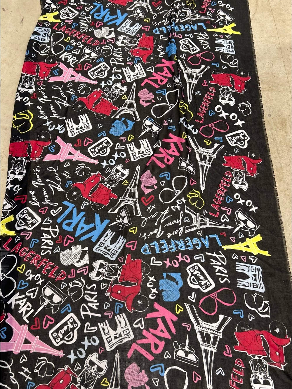 Karl Lagerfeld Black Graphic Scarf with Red, Pink, Blue, Yellow & White Motifs